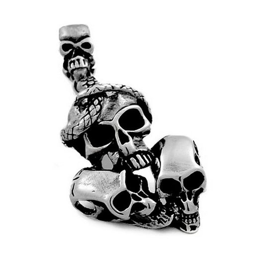 Pendentif acier 316 argenté Gothique Rock ou Biker - Trio tête de mort avec cordon cuir et écrin