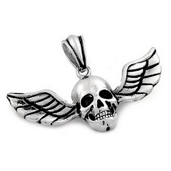 Pendentif acier 316 argenté Gothique Rock ou Biker - Tête de mort + Ailes ciselé avec cordon cuir et écrin