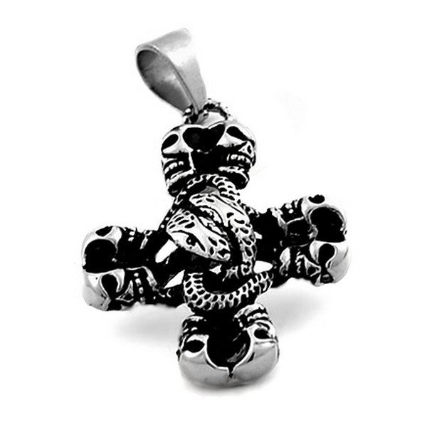 Pendentif acier 316 argenté Gothique Rock ou Biker - Tête de mort + Serpent avec cordon cuir et écrin