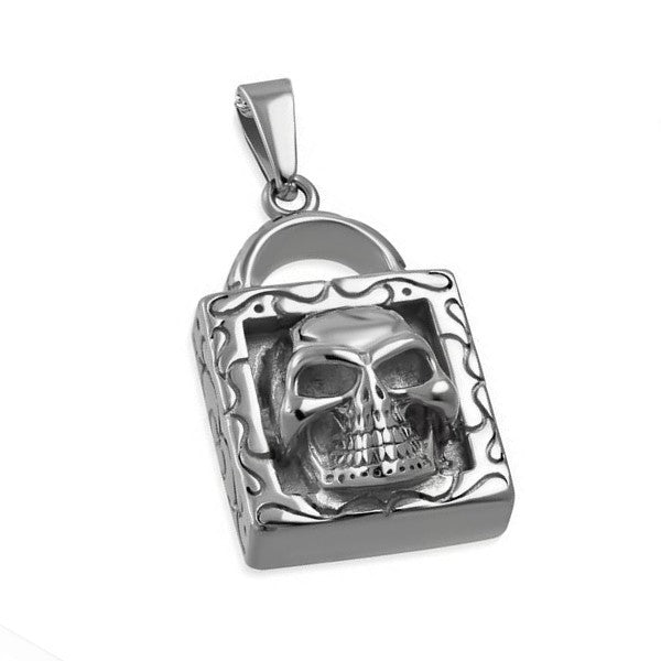 Pendentif acier 316 argenté Gothique Rock ou Biker - Tête de mort cadenas avec cordon cuir et écrin