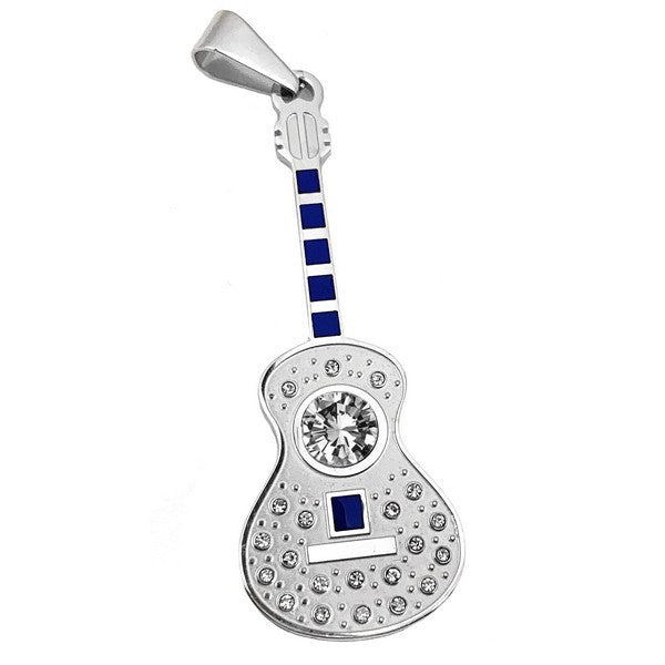 Pendentif acier 316 argenté Gothique Rock ou Biker - Guitare bleu agrémenté d'un diamant cz avec cordon cuir et écrin