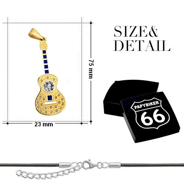 Pendentif acier 316 doré Gothique Rock ou Biker - Guitare bleu agrémenté d'un diamant cz avec cordon cuir et écrin
