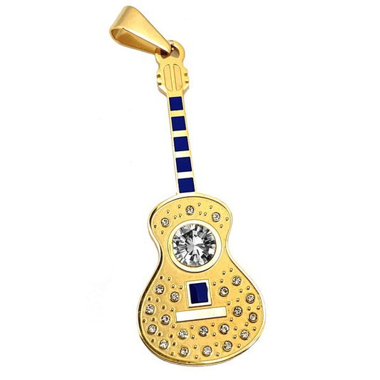 Pendentif acier 316 doré Gothique Rock ou Biker - Guitare bleu agrémenté d'un diamant cz avec cordon cuir et écrin