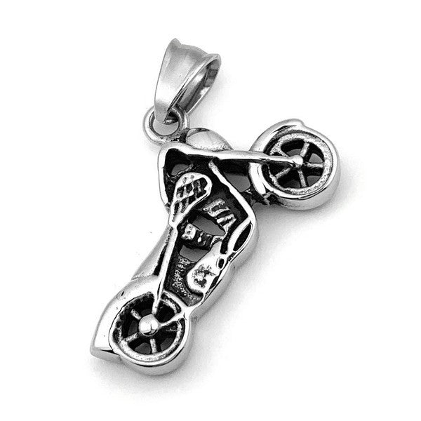 Pendentif acier 316 argenté Gothique Rock ou Biker - Petite moto ciselé avec cordon cuir et écrin