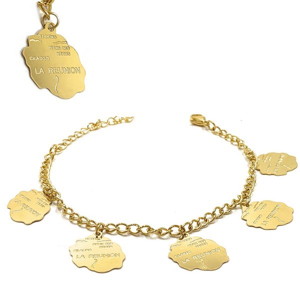 Bracelet pour femme - Acier 316 doré - Chaine et motifs "La Réunion"