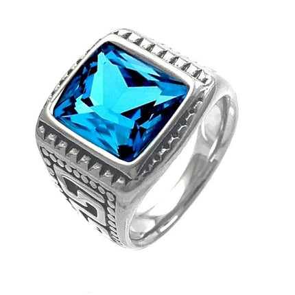 Bague en Acier 316 - Chevaliere ciselé - Diamant cz ' Bleu ' Papybiker66