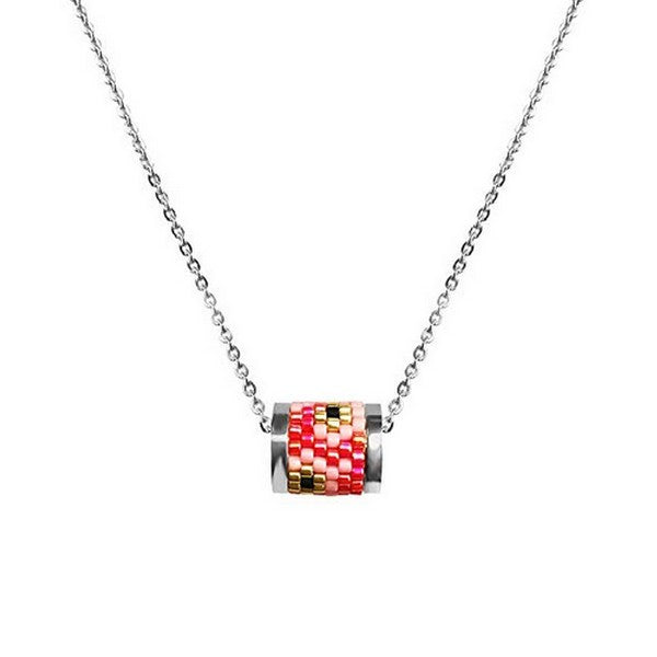 Collier en acier pour femme - Multitude de perles corail/rose - Couleur argenté