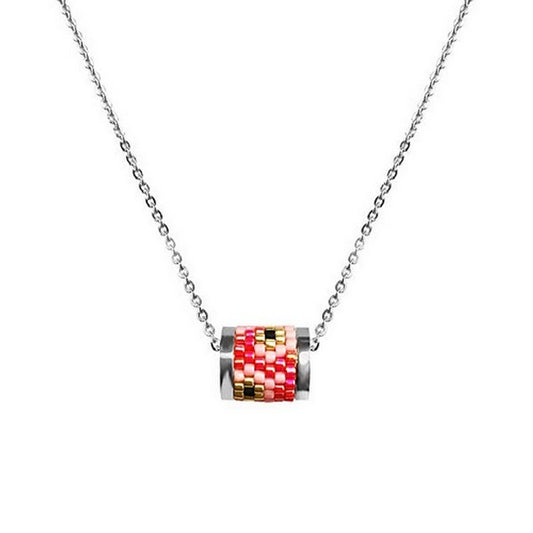 Collier en acier pour femme - Multitude de perles corail/rose - Couleur argenté