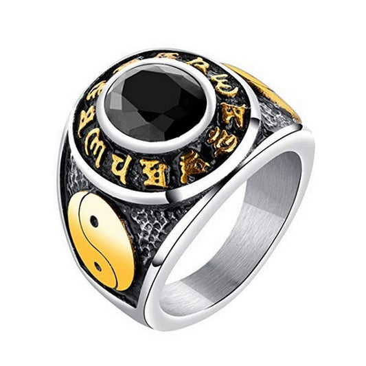 Bague en Acier 316 - Couleur Argenté et doré - Symboles chinois