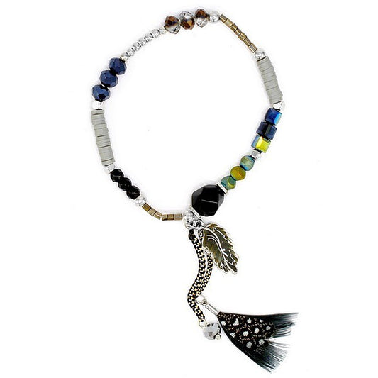 Bracelet pour femme - Perles & Plumes - Noir dominant 