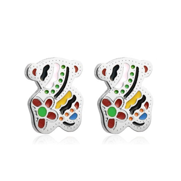 Boucles d'oreilles pour fille - Acier argenté - Petit ourson coloré