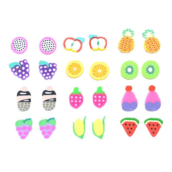 Lot de 12 paires de boucles d'oreilles - Silicone - Fruits