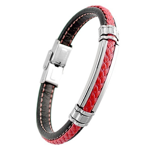 Bracelet pour homme - Acier 316 - Cuir noir & rouge