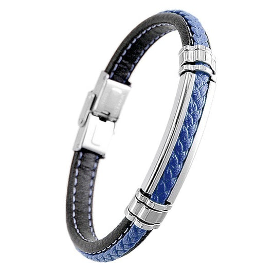 Bracelet pour homme - Acier 316 - Cuir noir & bleu