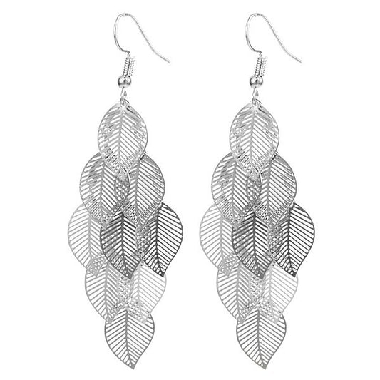 Boucles d'oreilles fantaisie pour femme - Multitude de feuilles argenté