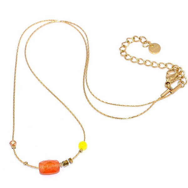 Collier pour femme - Acier doré - Perle orange