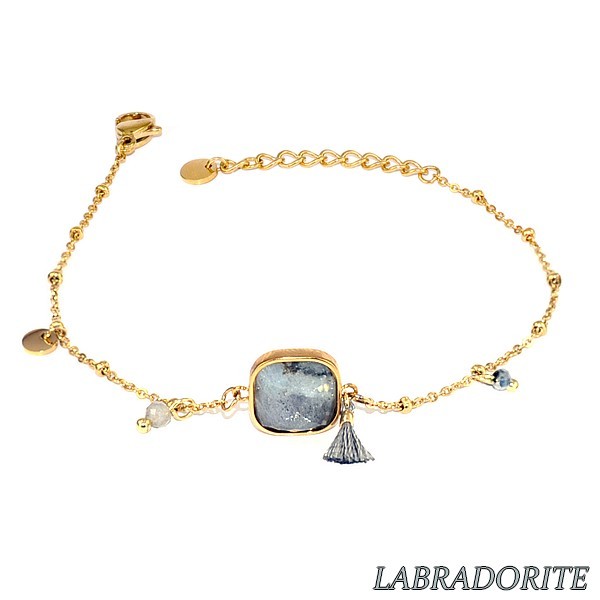 Bracelet pour femme acier & pierre - Labradorite - Perles & pompon