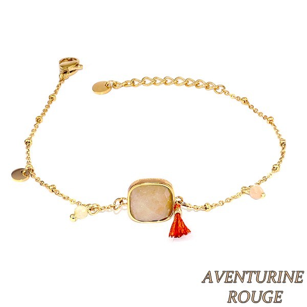 Bracelet pour femme acier & pierre - Aventurine rouge - Perles & pompon
