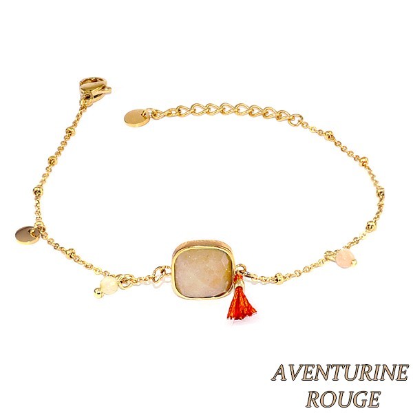 Bracelet pour femme acier & pierre - Aventurine rouge - Perles & pompon Bracelet pierres naturelles Bijouxmode