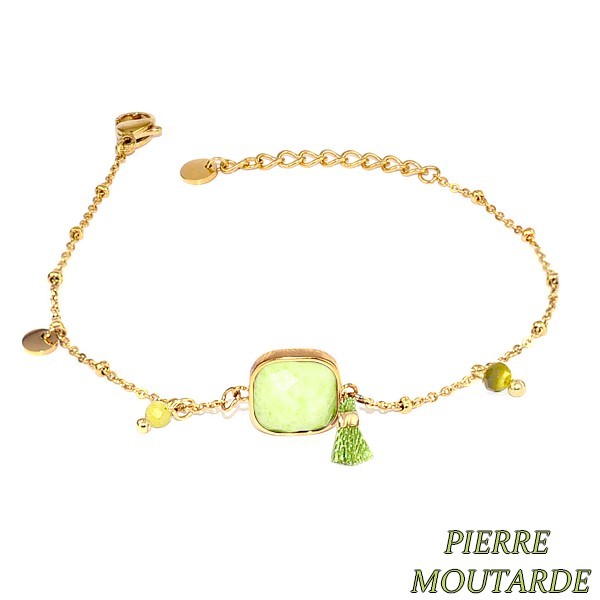 Bracelet pour femme acier & pierre - Pierre moutarde - Perles & pompon Bracelet pierres naturelles Bijouxmode