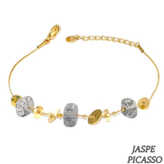 Bracelet pour femme acier & pierre - Jaspe Picasso - Disques doré