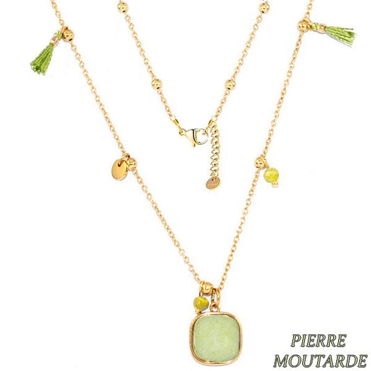 Collier pour femme acier & pierre - Pierre moutarde - Perles & pompons