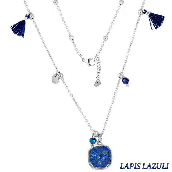 Collier pour femme acier & pierre - Lapis lazuli - Perles & pompons