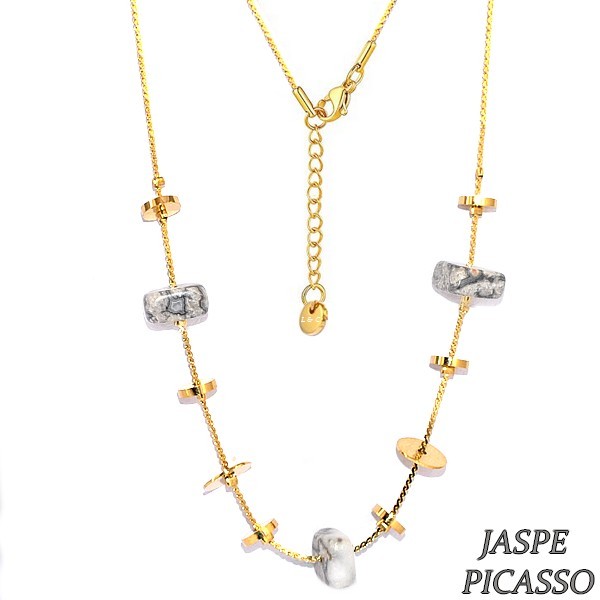 Collier pour femme acier & pierre - Jaspe Picasso - Disques doré