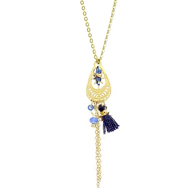 Collier pour femme - Acier doré - Perles & pompon bleu