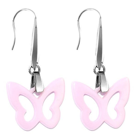 Boucles d'oreilles céramique pour femme - Acier argenté - Papillon rose