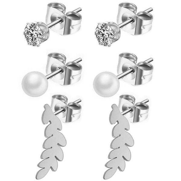 Boucles d'oreilles femme ou enfant - Acier argenté - Feuilles , perles , solitaires