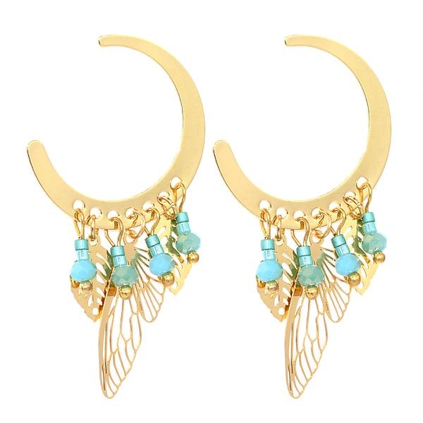 Boucles d'oreilles pour femme - Acier doré - Feuilles & perles bleu