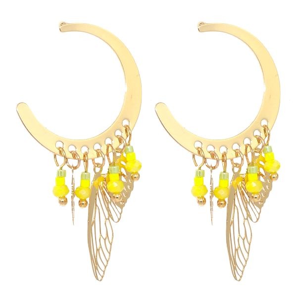 Boucles d'oreilles pour femme - Acier doré - Feuilles & perles jaune