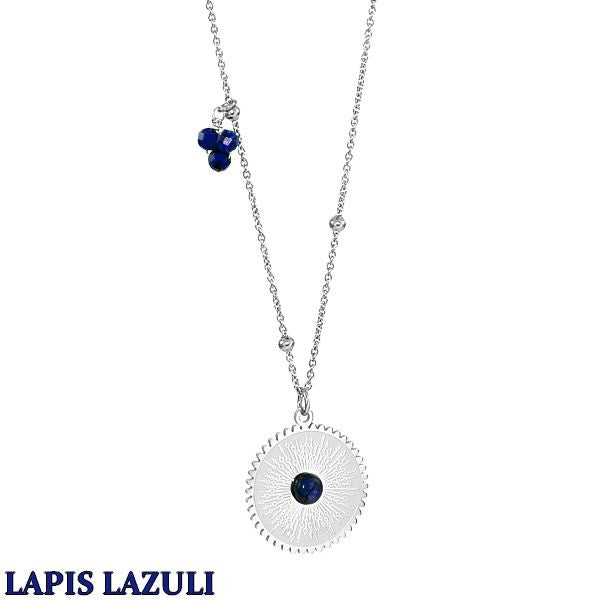 Collier pour femme - Acier & Pierre - Medaille ciselé & Lapis lazuli