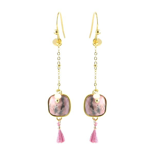 Boucles d'oreilles pour femme - rhodonite - pompon assorti 