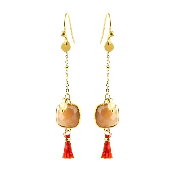 Boucles d'oreilles pour femme - aventurine rouge - pompon assorti 