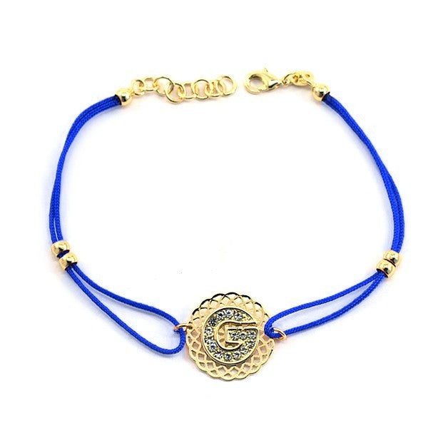 Bracelet pour femme de couleur or, lettre "G" à strass, cordon bleu