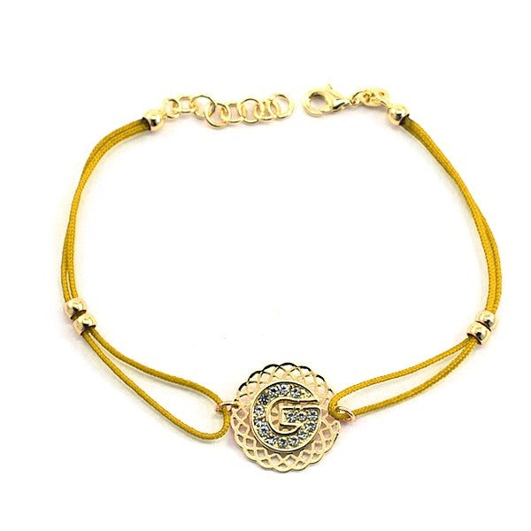 Bracelet pour femme de couleur or, lettre "G" à strass, cordon jaune moutarde