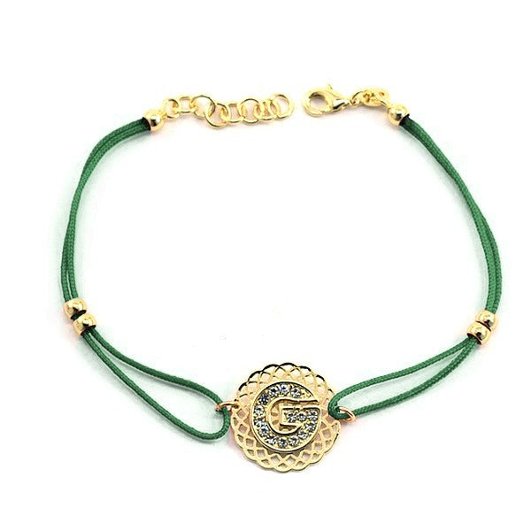 Bracelet pour femme de couleur or, lettre "G" à strass, cordon vert