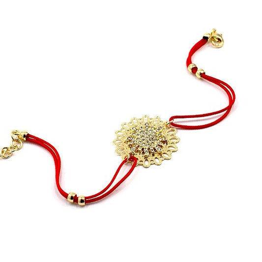 Bracelet pour femme de couleur or, rosace à strass et cordon rouge