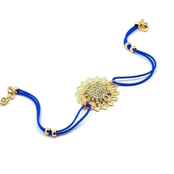 Bracelet pour femme de couleur or, rosace à strass et cordon bleu
