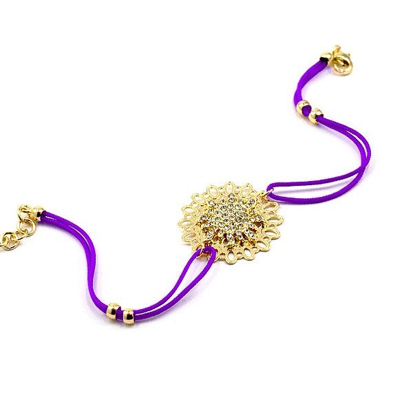 Bracelet pour femme de couleur or, rosace à strass et cordon violet Bracelets plaqué or Bijouxmode
