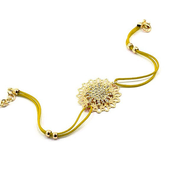 Bracelet pour femme de couleur or, rosace à strass et cordon jaune moutarde