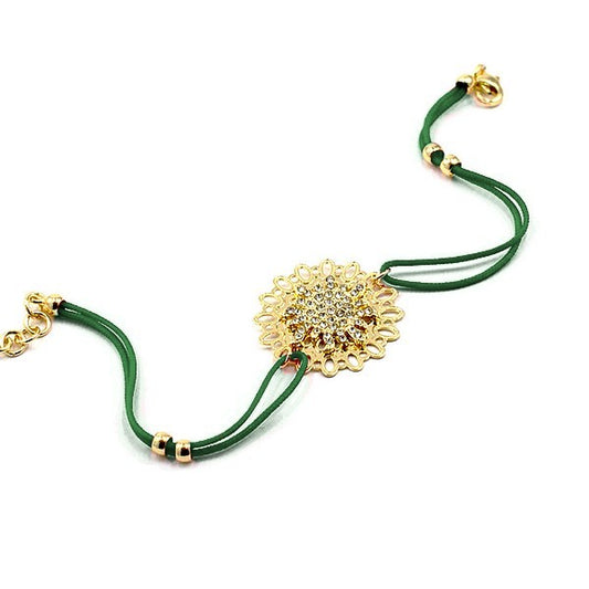 Bracelet pour femme de couleur or, rosace à strass et cordon vert