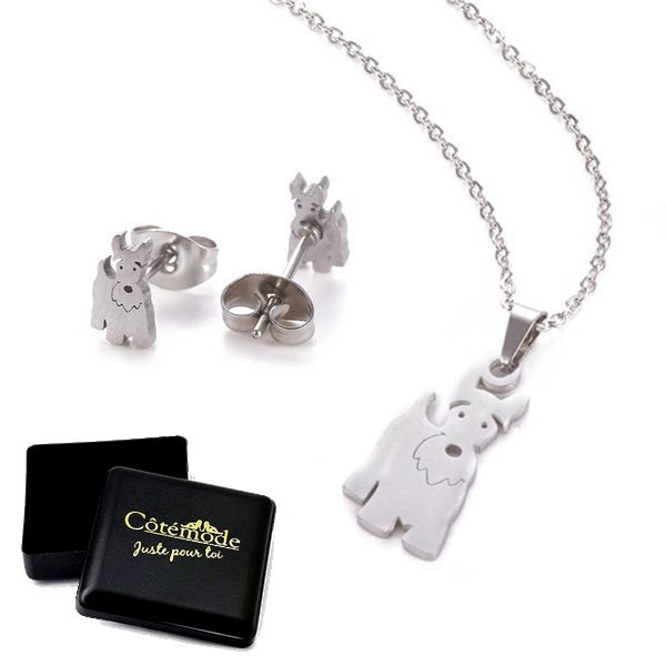 Coffret cadeau pour femme - Ensemble collier & Boucles d'oreilles chien argenté