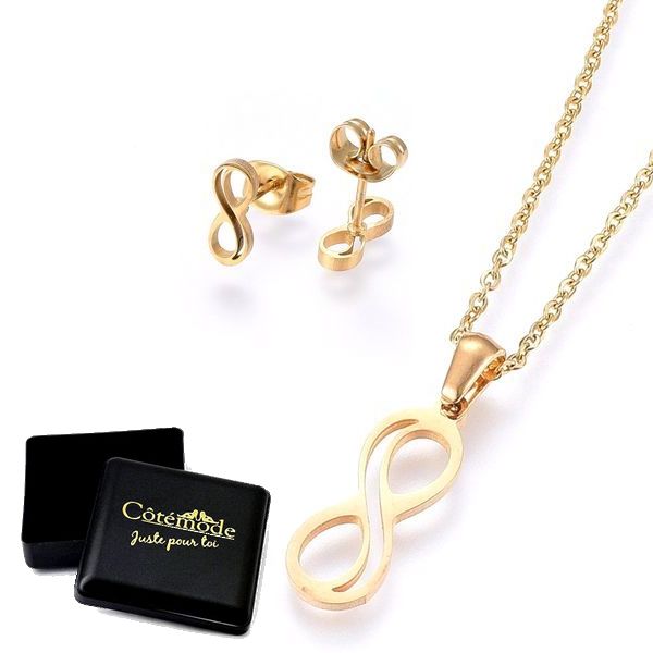 Coffret cadeau pour femme - Ensemble collier & Boucles d'oreilles infini doré