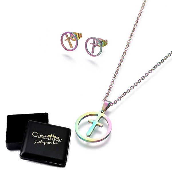Coffret cadeau pour femme - Ensemble collier & Boucles d'oreilles les reflets croix cercle