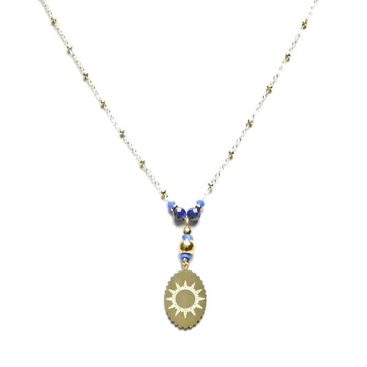 Collier pour femme - pendentif soleil - acier pierre naturelle - Lapis lazuli