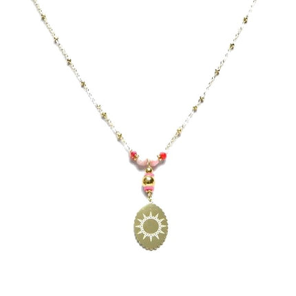 Collier pour femme - pendentif soleil - acier pierre naturelle - Rhodonite Colliers pierres naturelles Bijouxmode