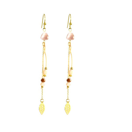 Boucles d'oreilles pour femme pendante acier et gemme beige